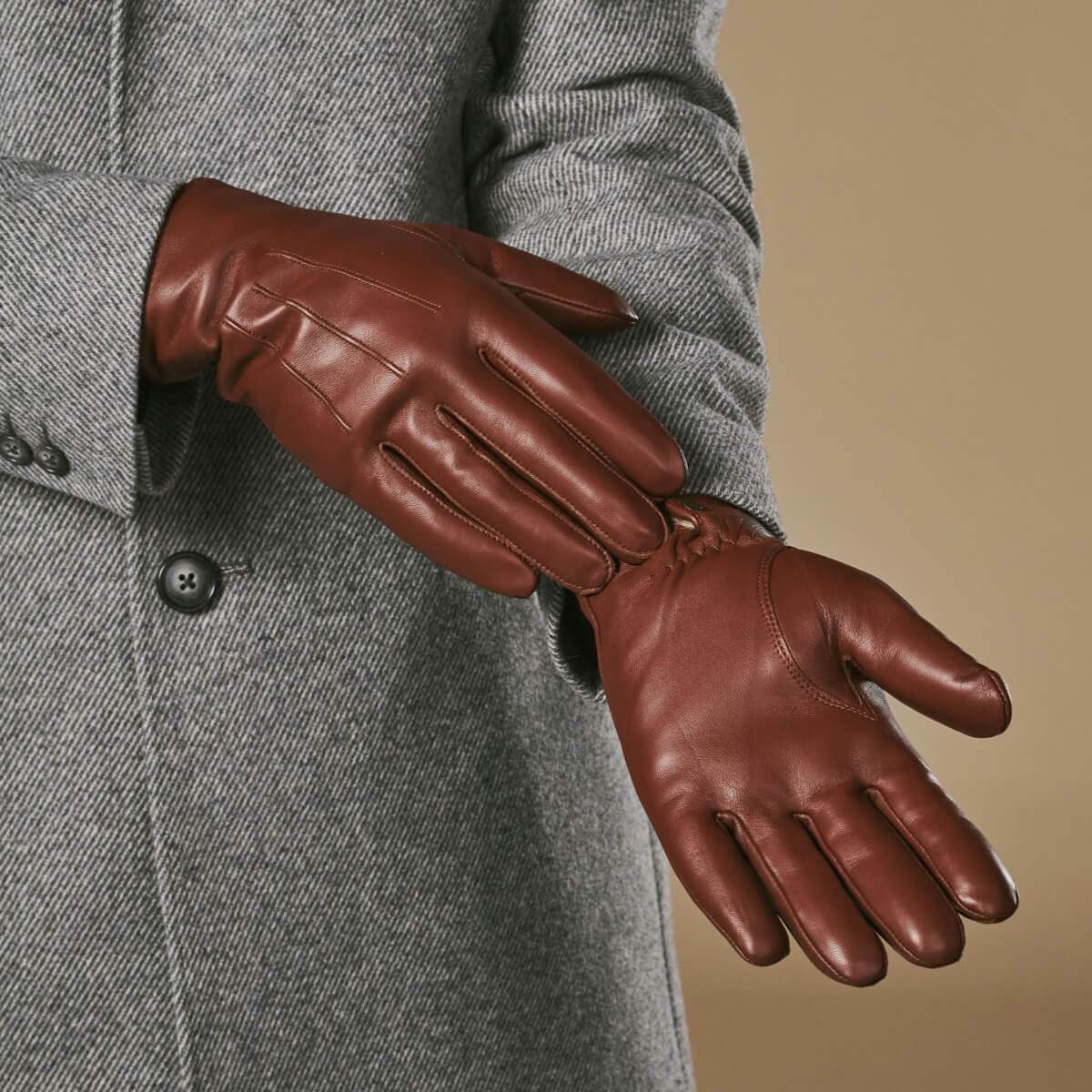 Ezra (brown) - Lambskin leather gloves with warm rabbit fur lining and touchscreen feature - Leather Gloves Online - Flyclothing LLC