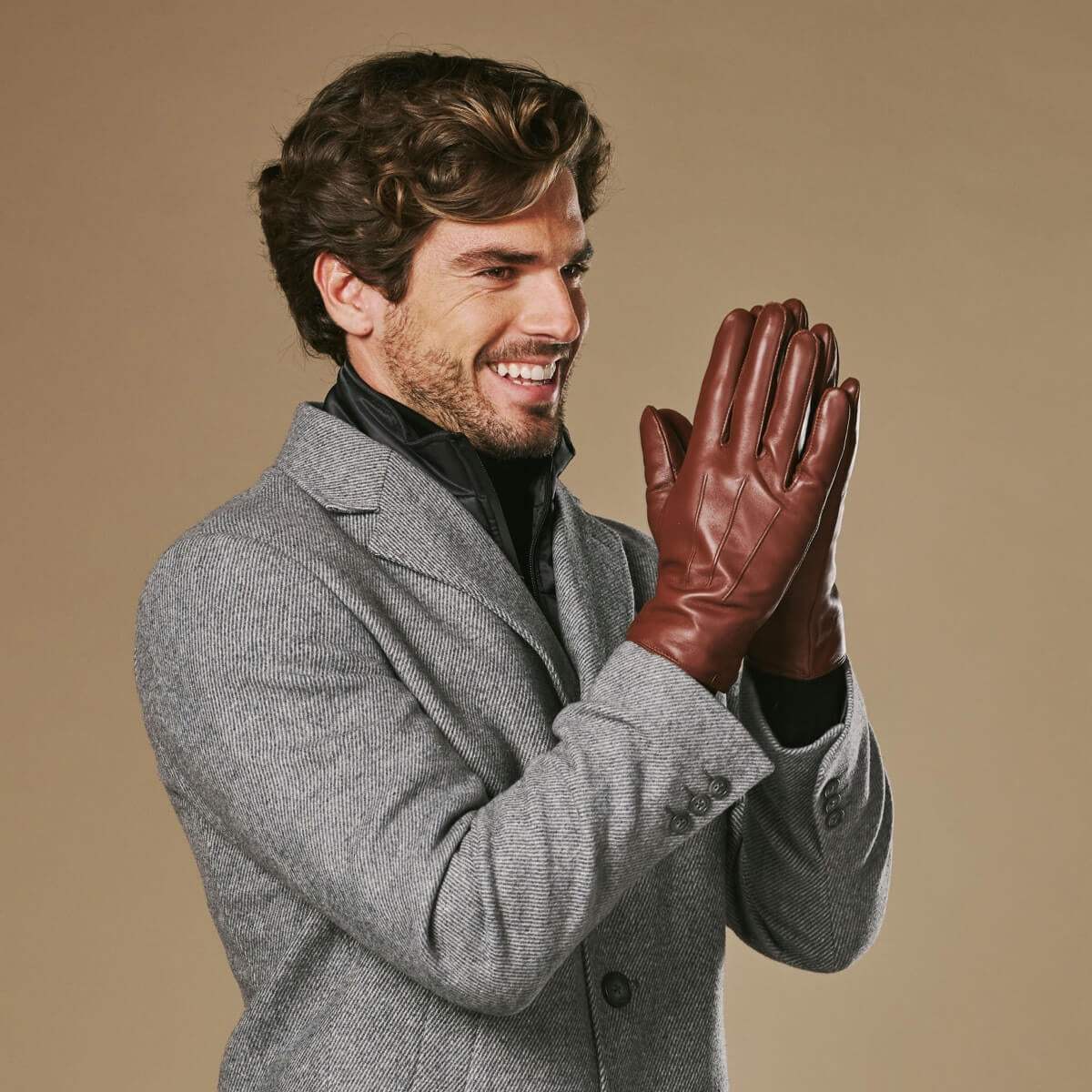Ezra (brown) - Lambskin leather gloves with warm rabbit fur lining and touchscreen feature - Leather Gloves Online - Flyclothing LLC