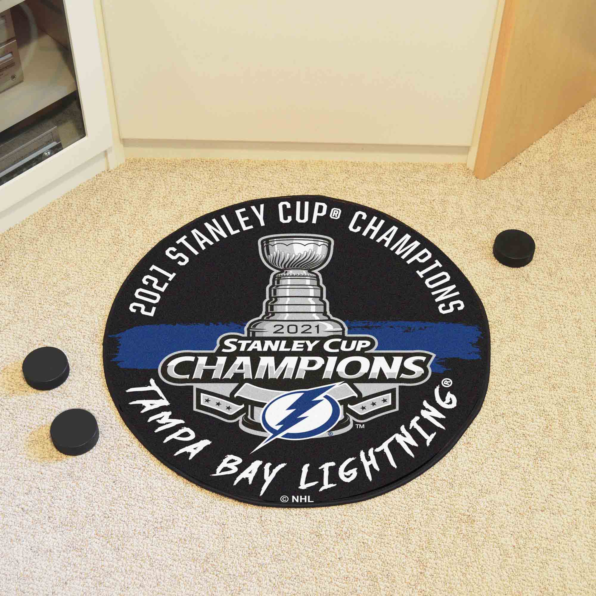 Tampa Bay Lightning Hockey Puck Rug - 27in. Diameter, 2021 NHL Stanley Cup Champions - Tampa Bay Lightning