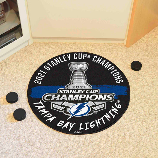 Tampa Bay Lightning Hockey Puck Rug - 27in. Diameter, 2021 NHL Stanley Cup Champions - Tampa Bay Lightning