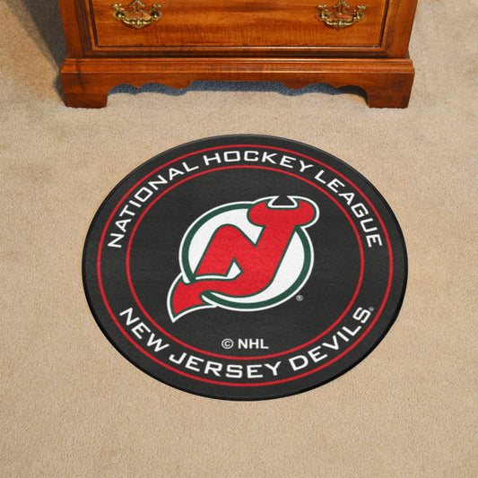 NHLRETRO New Jersey Devils Hockey Puck Rug - 27in. Diameter - New Jersey Devils