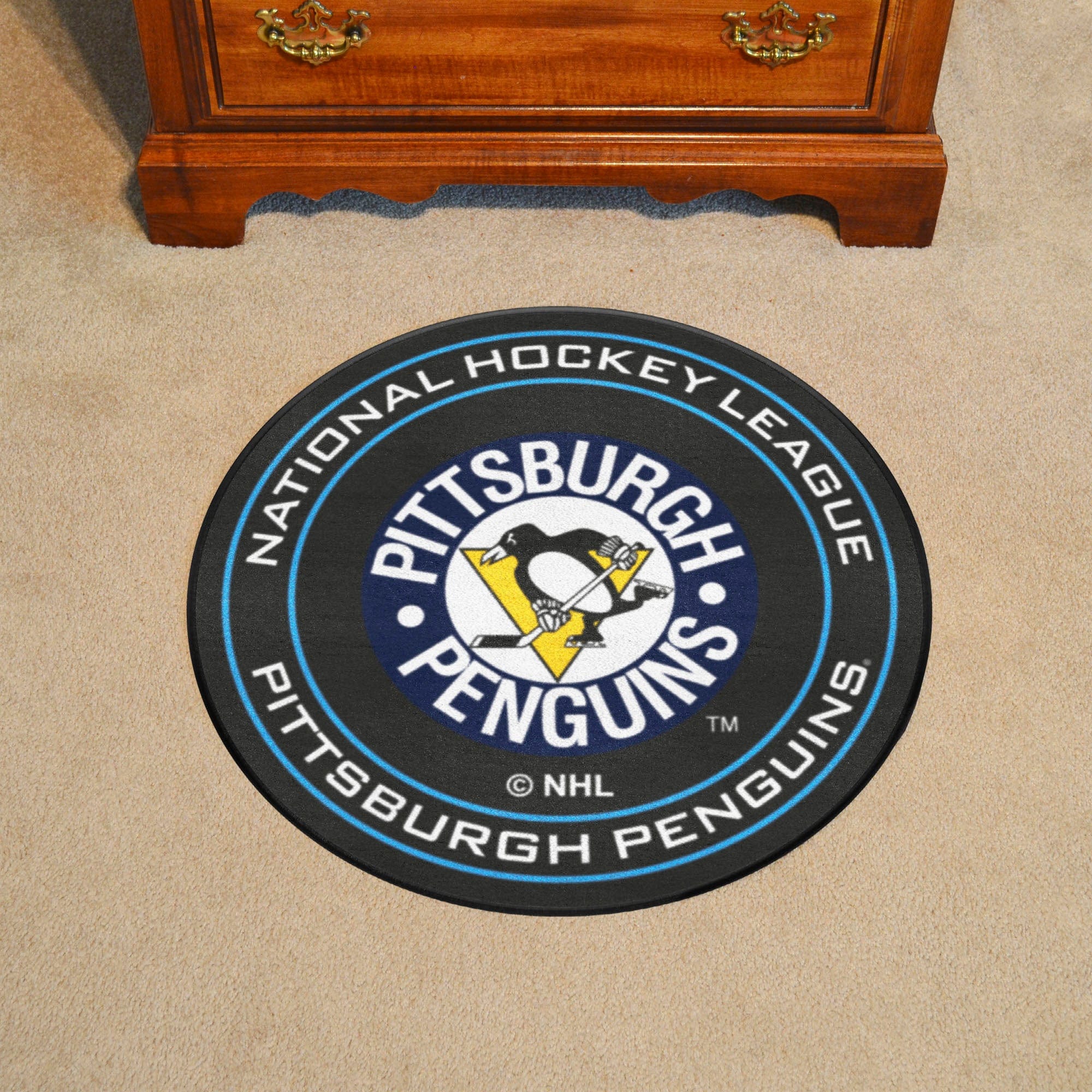 Retro NHL Pittsburgh Penguins Hockey Puck Rug - 27in. Diameter - Pittsburgh Penguins