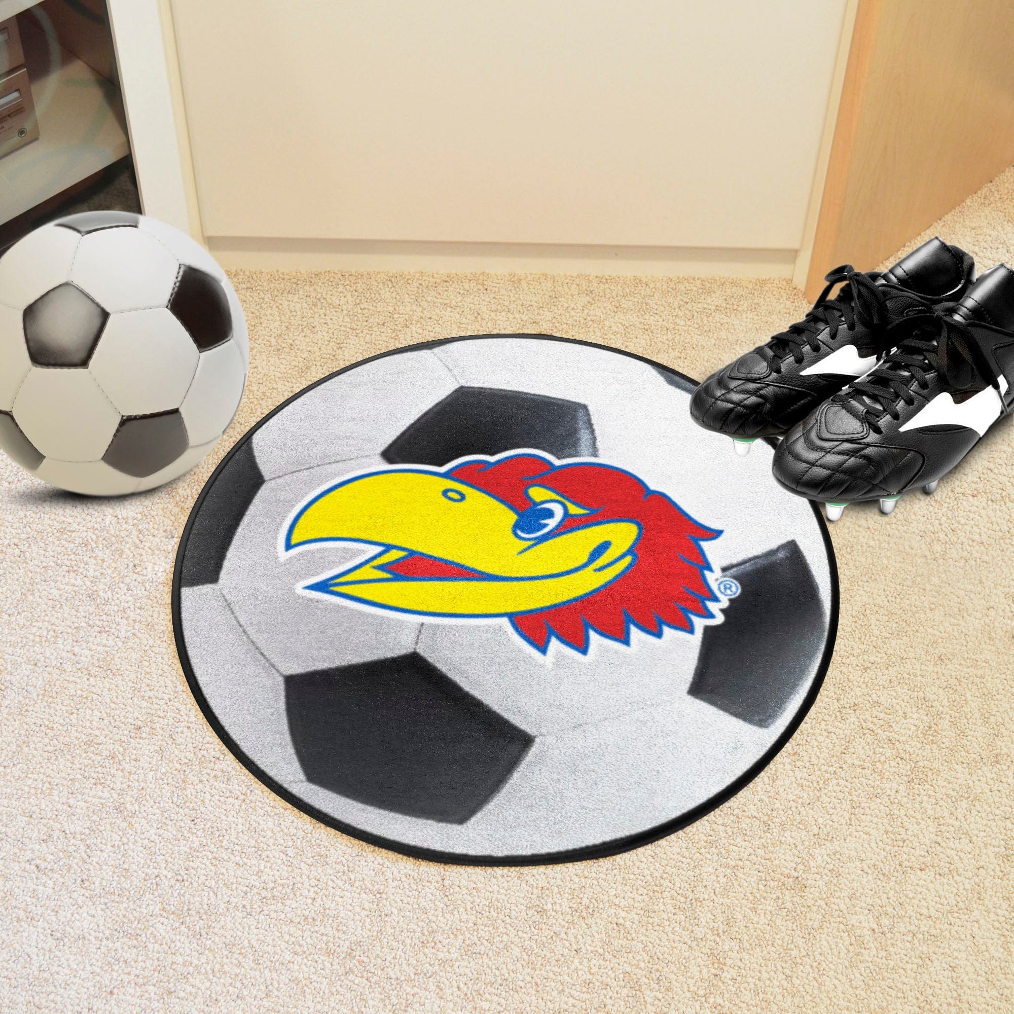 Kansas Jayhawks Soccer Ball Rug - 27in. Diameter - Kansas