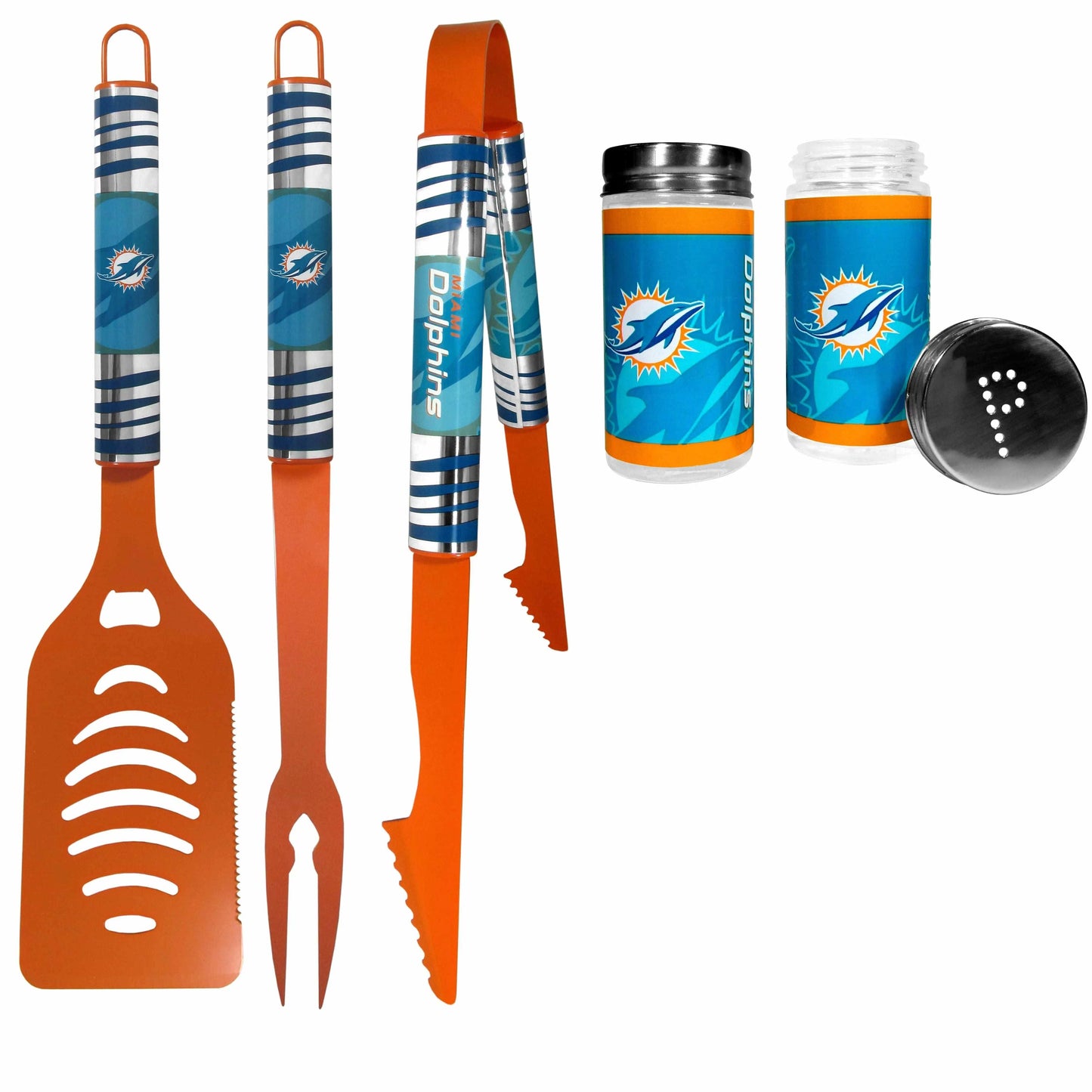 Miami Dolphins 3pc Color BBQ Tools w/Salt & Pepper Shakers - Miami Dolphins - Flyclothing LLC