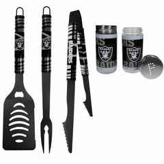 Las Vegas Raiders 3pc Color BBQ Tools w/Salt & Pepper Shakers - Las Vegas Raiders