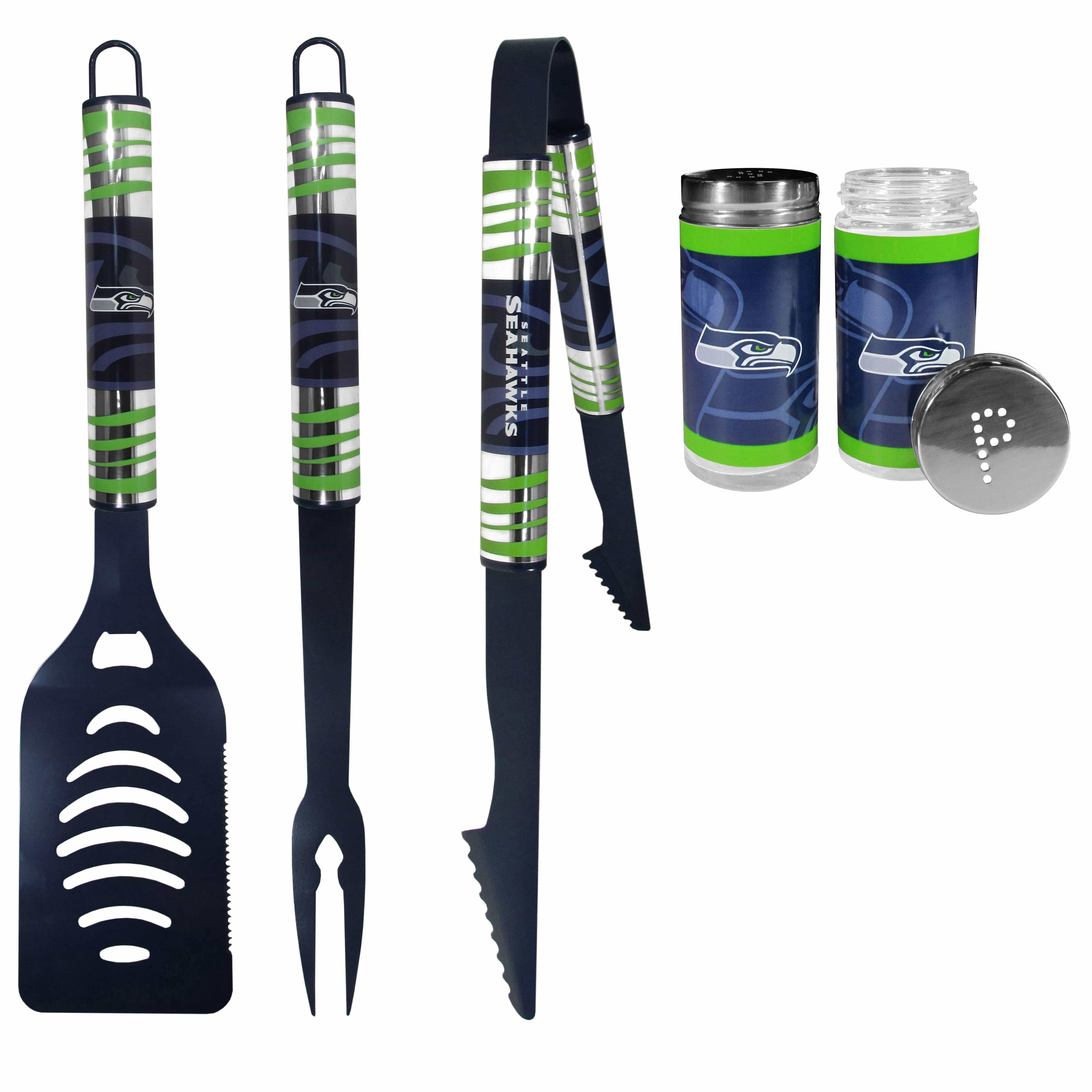 Seattle Seahawks 3pc Color BBQ Tools w/Salt & Pepper Shakers - Seattle Seahawks