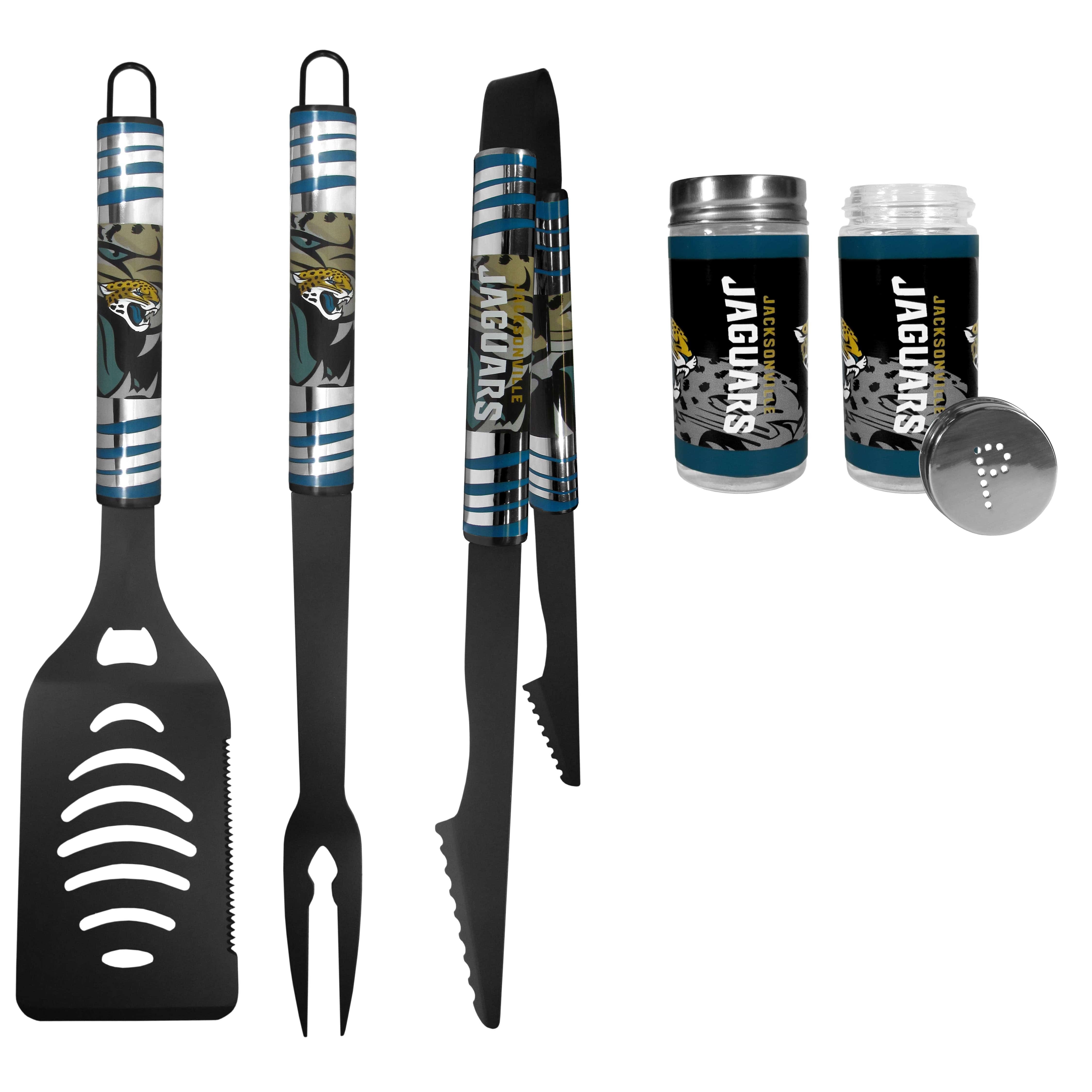 Jacksonville Jaguars 3pc Color BBQ Tools w/Salt & Pepper Shakers - Jacksonville Jaguars