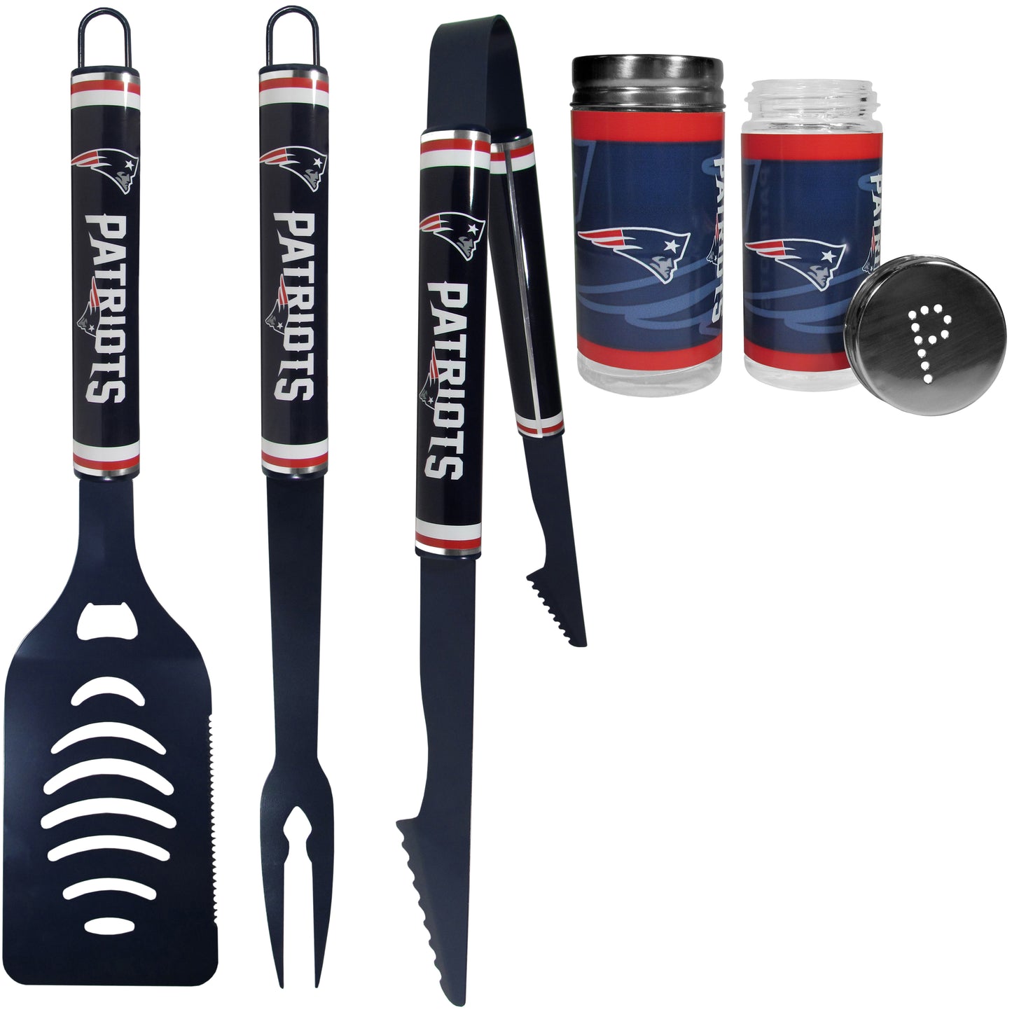 New England Patriots 3 pc Logo BBQ Tools w/Shakers