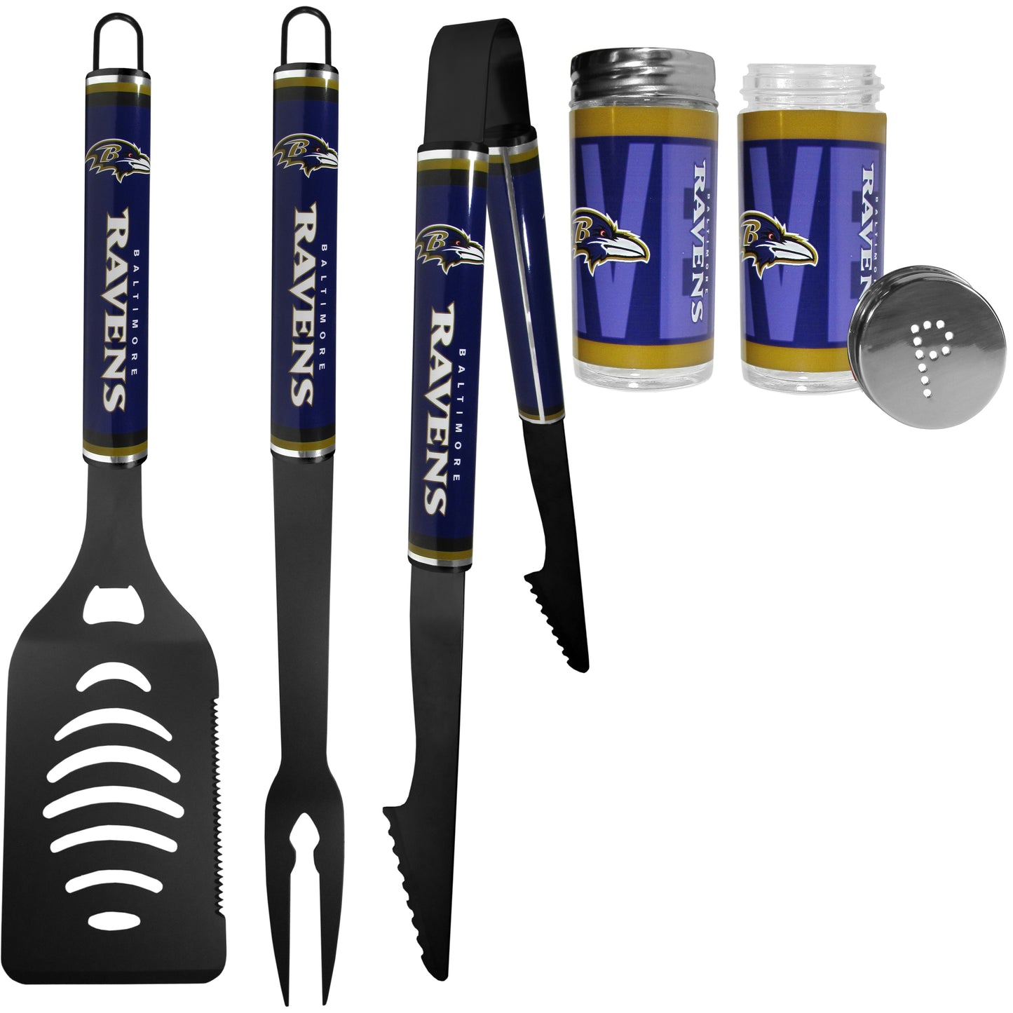 Baltimore Ravens 3 pc Logo BBQ Tools w/Shakers