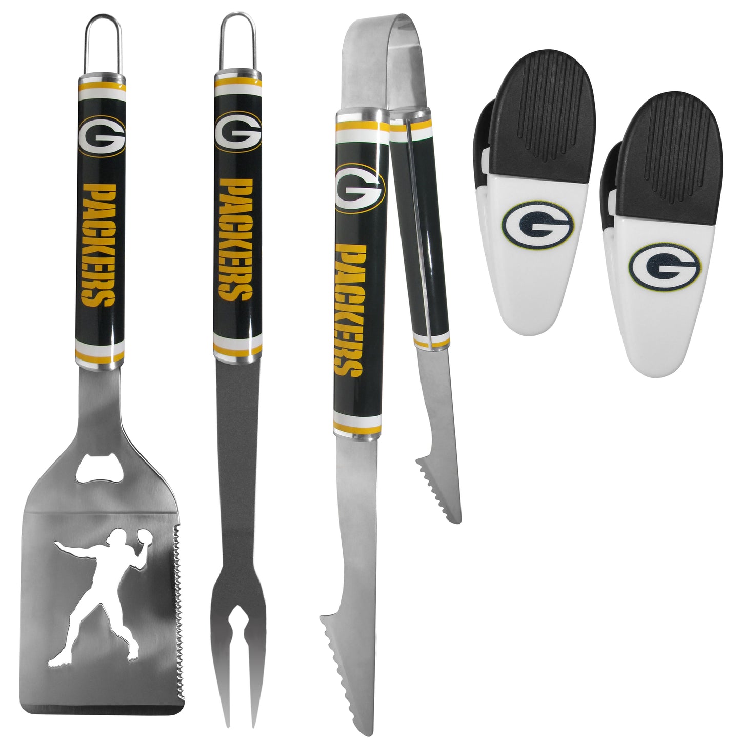 Green Bay Packers 3 pc Steel Logo BBQ Tools w/Chip Clips