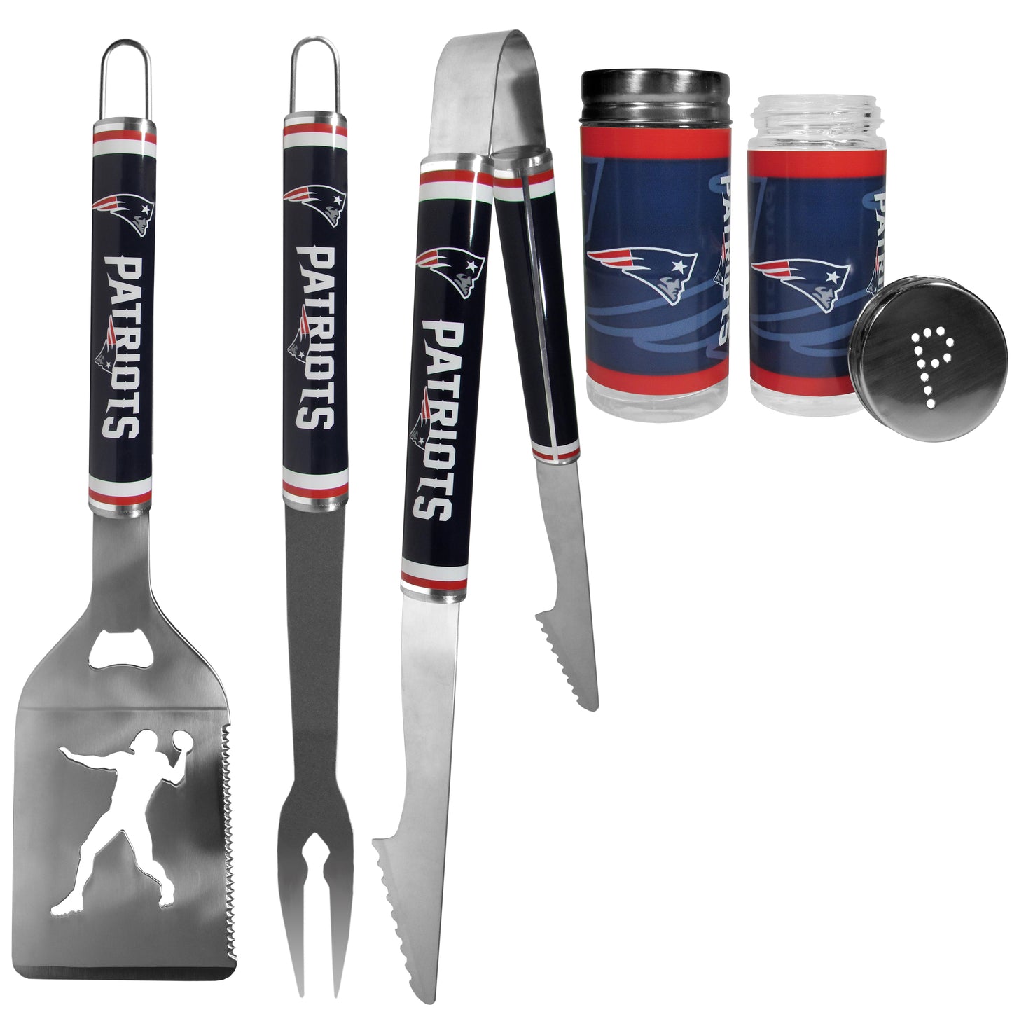New England Patriots 3 pc Steel Logo BBQ Tools w/Shakers