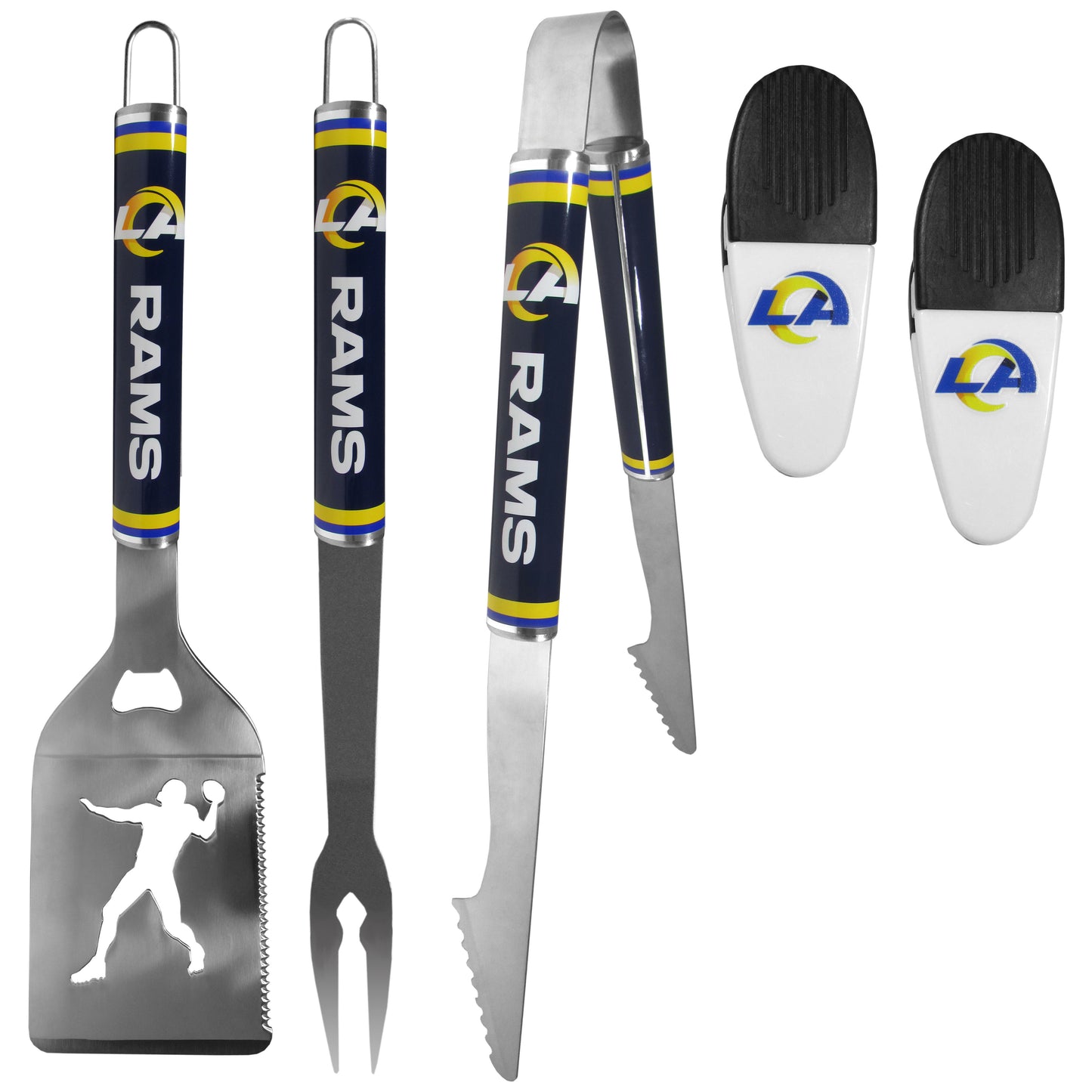Los Angeles Rams 3 pc Steel Logo BBQ Tools w/Chip Clips