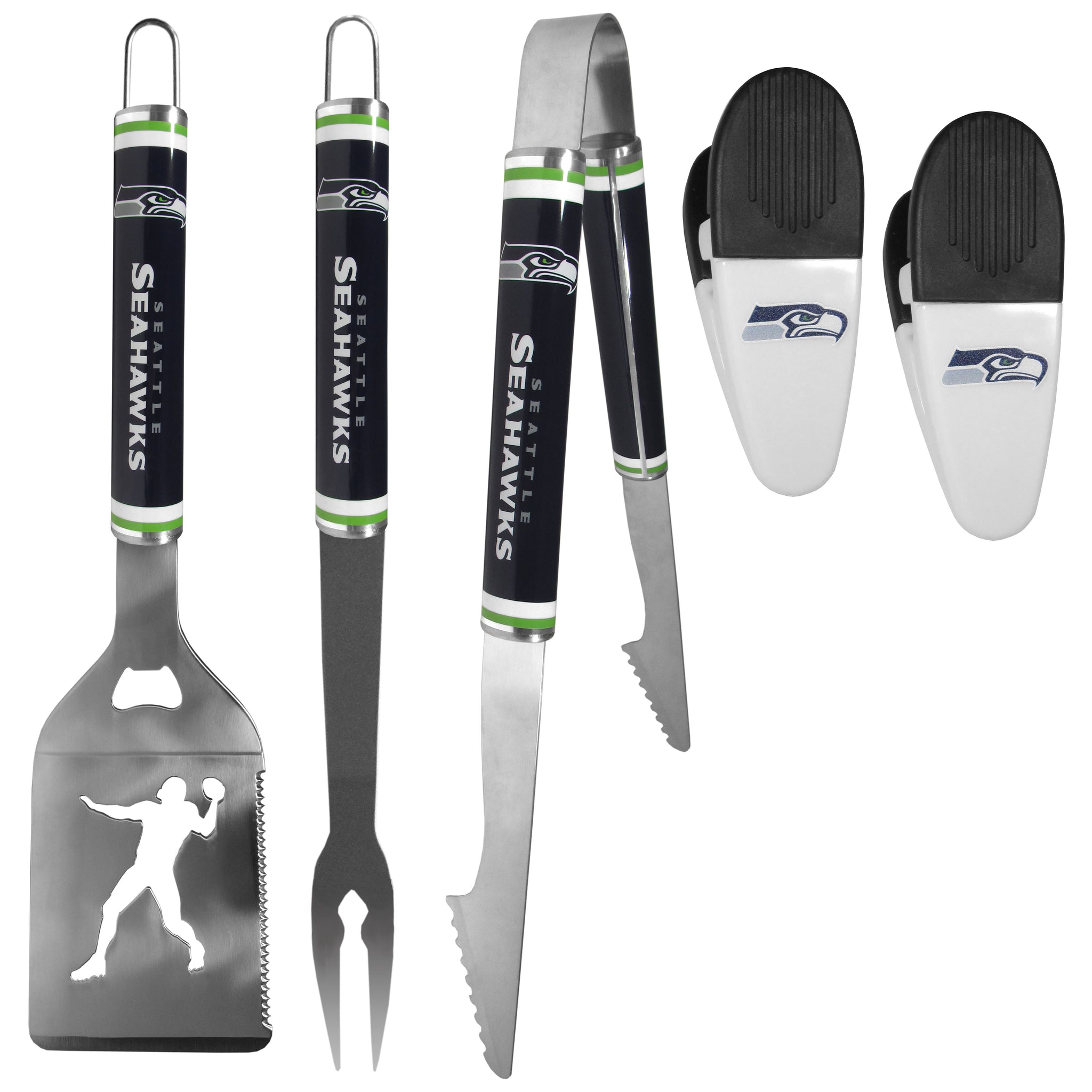 Seattle Seahawks 3 pc Steel Logo BBQ Tools w/Chip Clips
