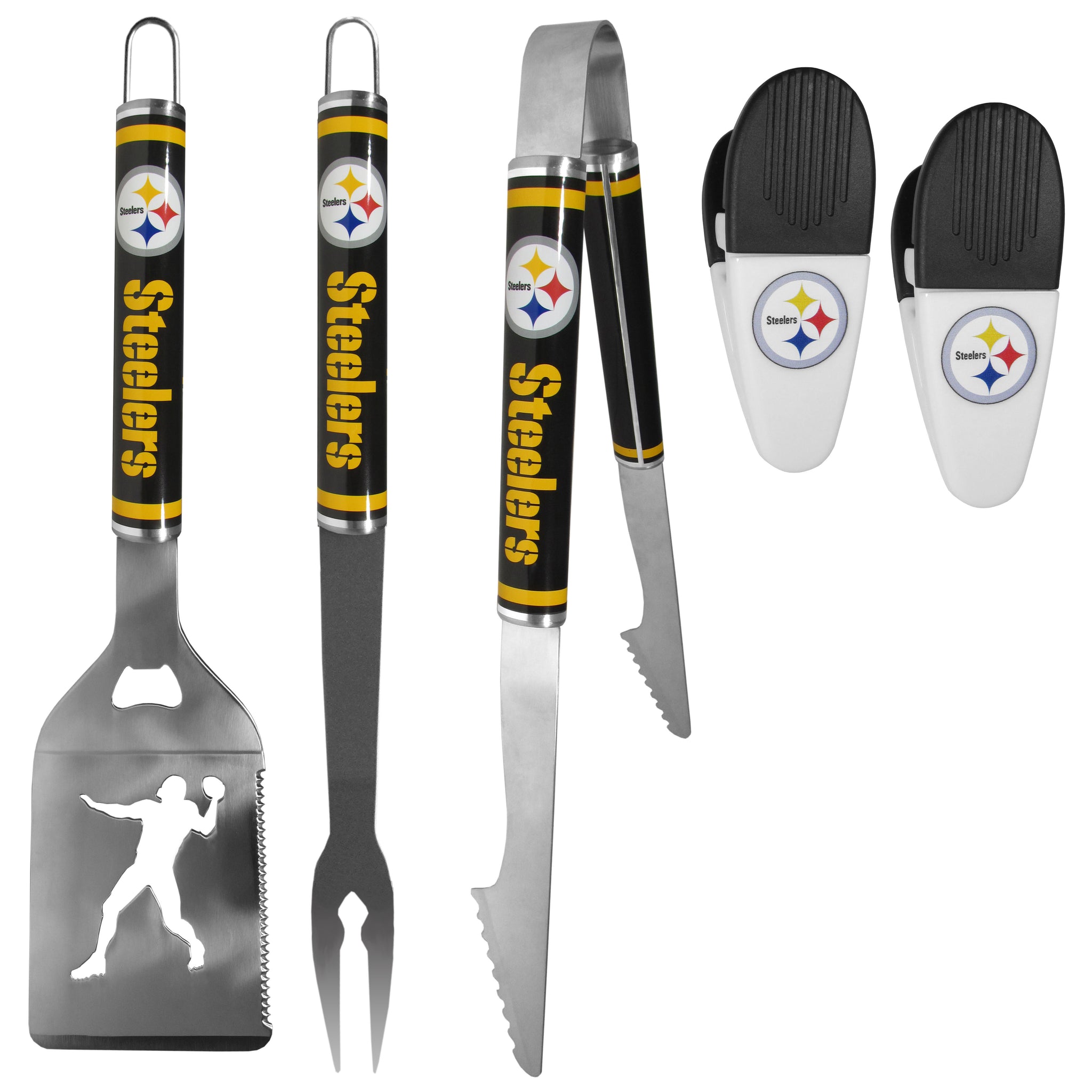 Pittsburgh Steelers 3 pc Steel Logo BBQ Tools w/Chip Clips