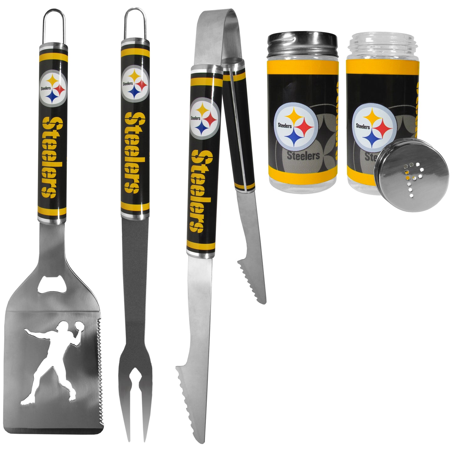 Pittsburgh Steelers 3 pc Steel Logo BBQ Tools w/Shakers