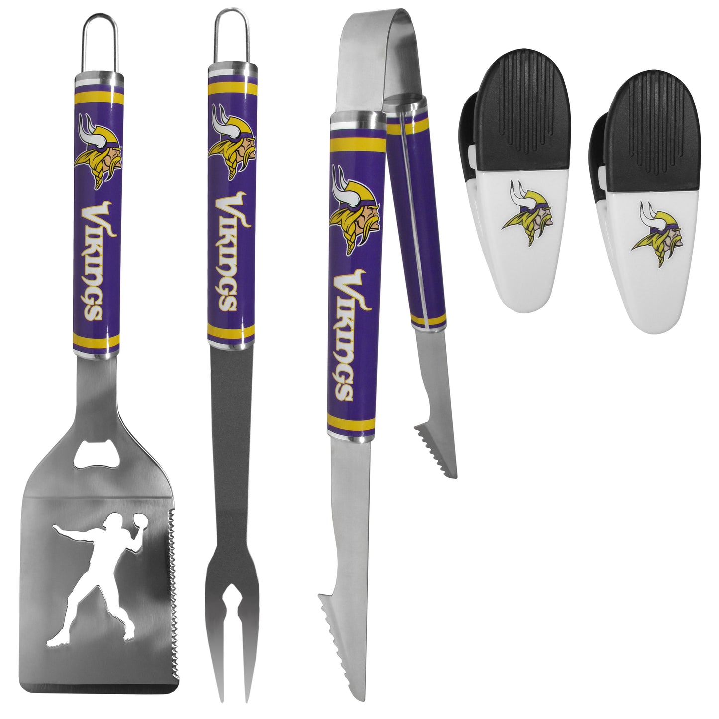Minnesota Vikings 3 pc Steel Logo BBQ Tools w/Chip Clips