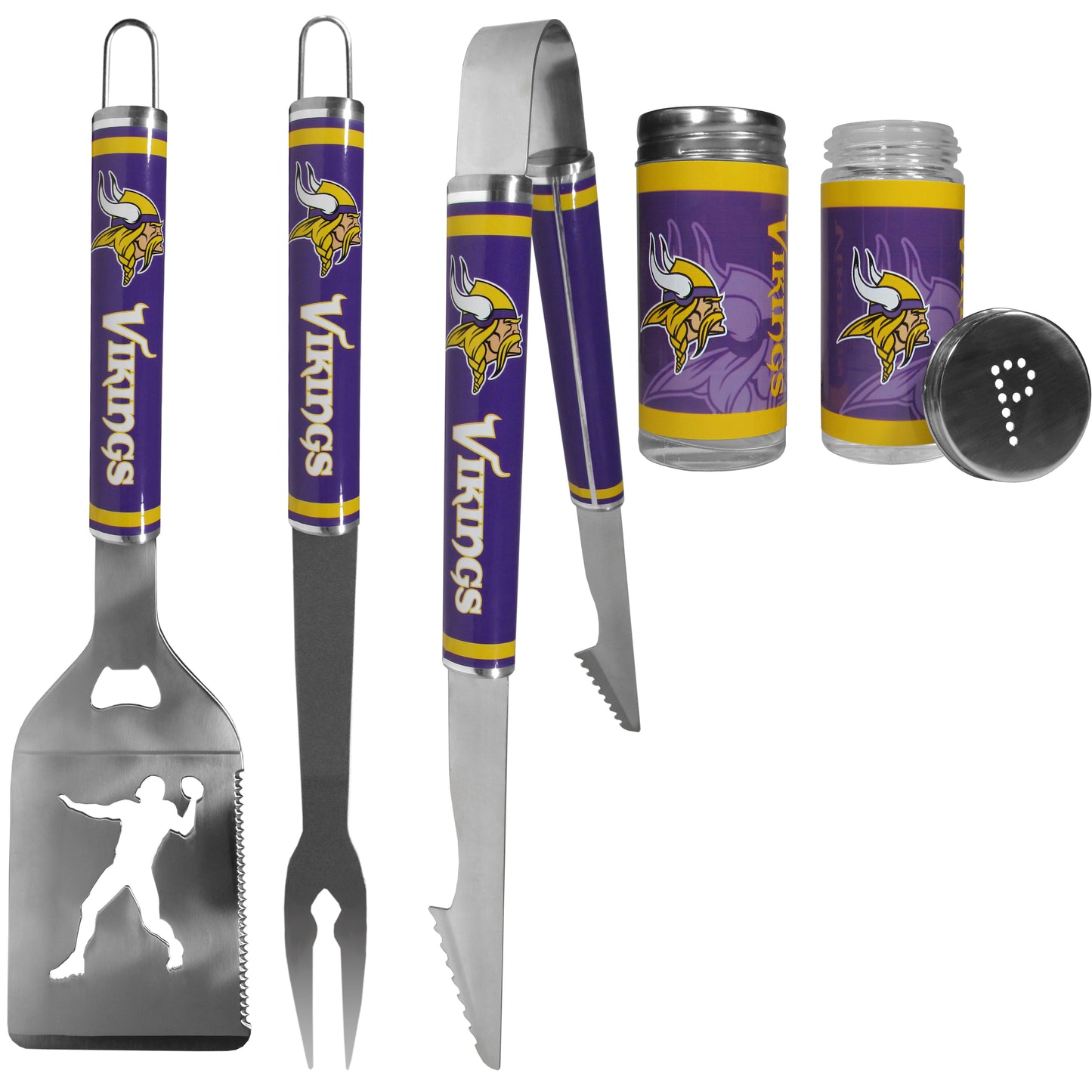 Minnesota Vikings 3 pc Steel Logo BBQ Tools w/Shakers