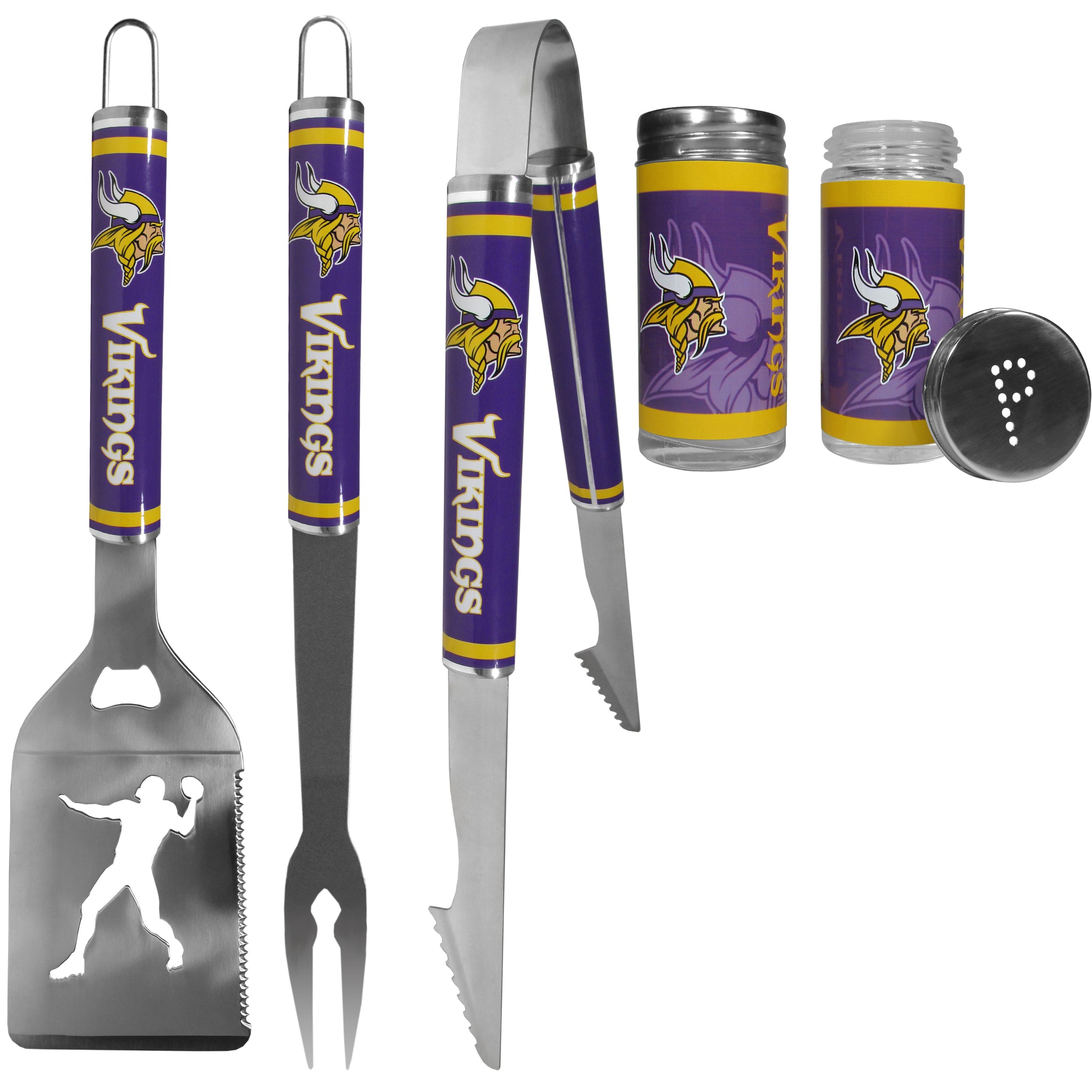 Minnesota Vikings 3 pc Steel Logo BBQ Tools w/Shakers