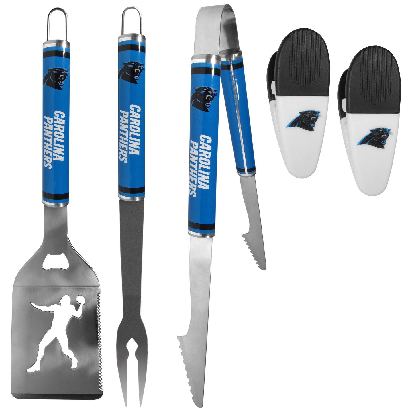Carolina Panthers 3 pc Steel Logo BBQ Tools w/Chip Clips