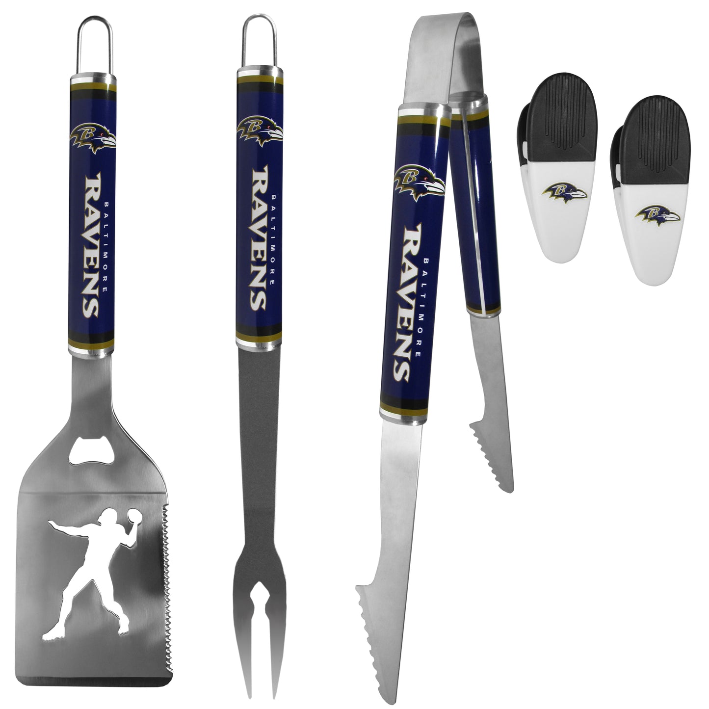 Baltimore Ravens 3 pc Steel Logo BBQ Tools w/Chip Clips