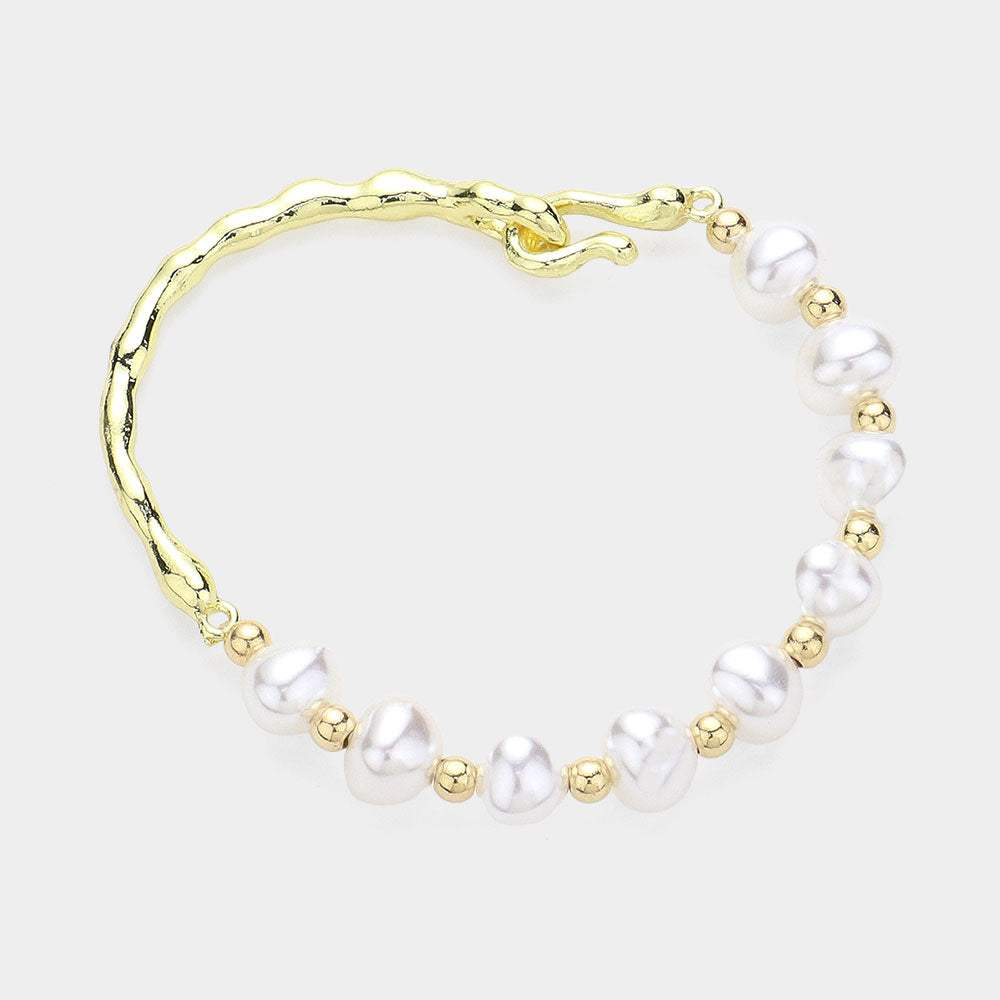 Pearl Station Pointed Hammered Metal Bracelet - Madeline Love - Flyclothing LLC