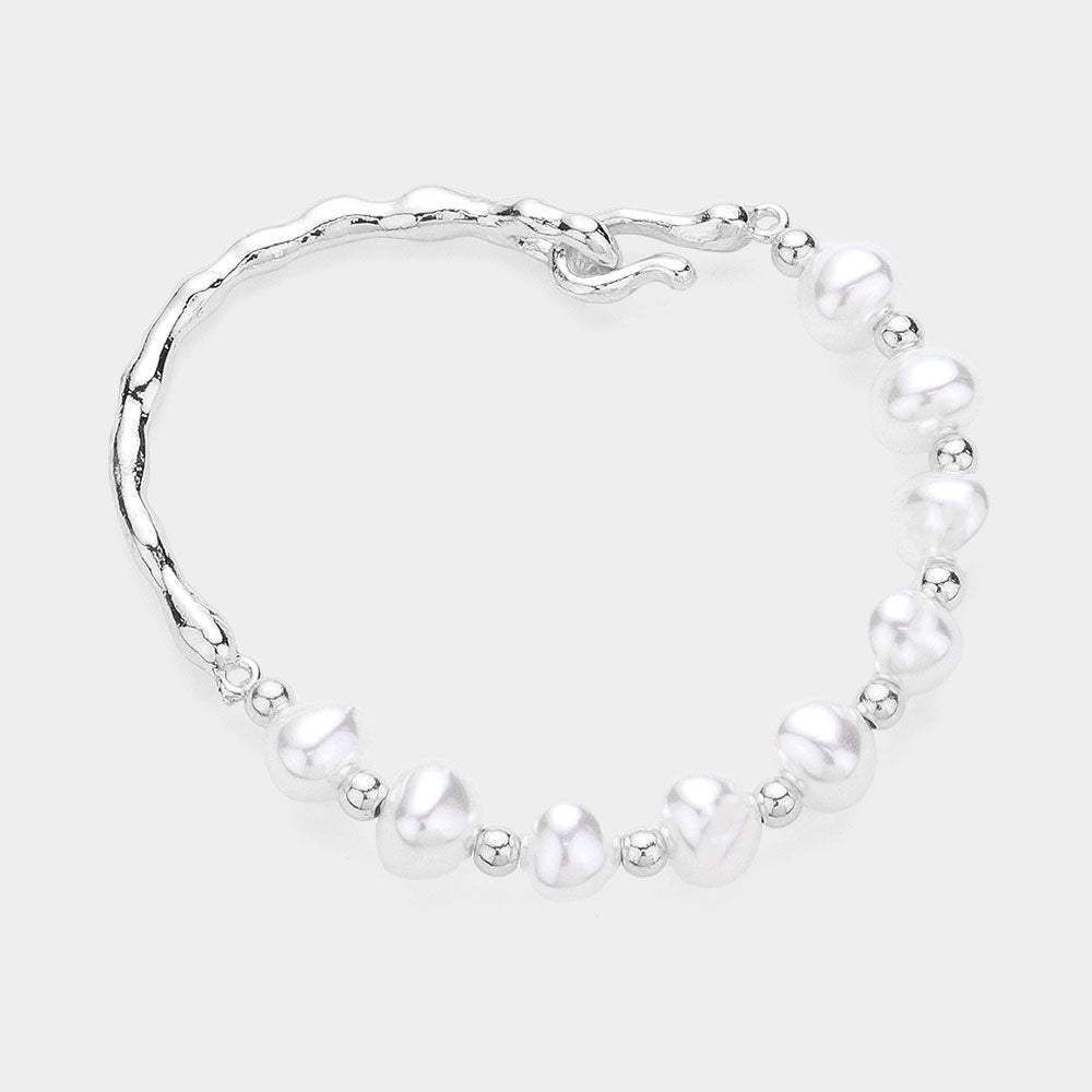 Pearl Station Pointed Hammered Metal Bracelet - Madeline Love - Flyclothing LLC