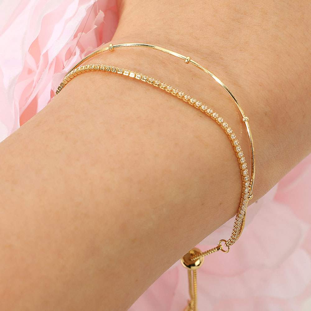 18K Gold Dipped Rhinestone Ball Chain Layered Adjustable Cinch Pull Tie Bracelet - Madeline Love - Flyclothing LLC