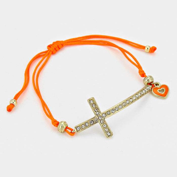 Crystal Pave Cross Heart Charm Pointed Thread Adjustable Cinch Pull Tie Bracelet - Madeline Love - Flyclothing LLC