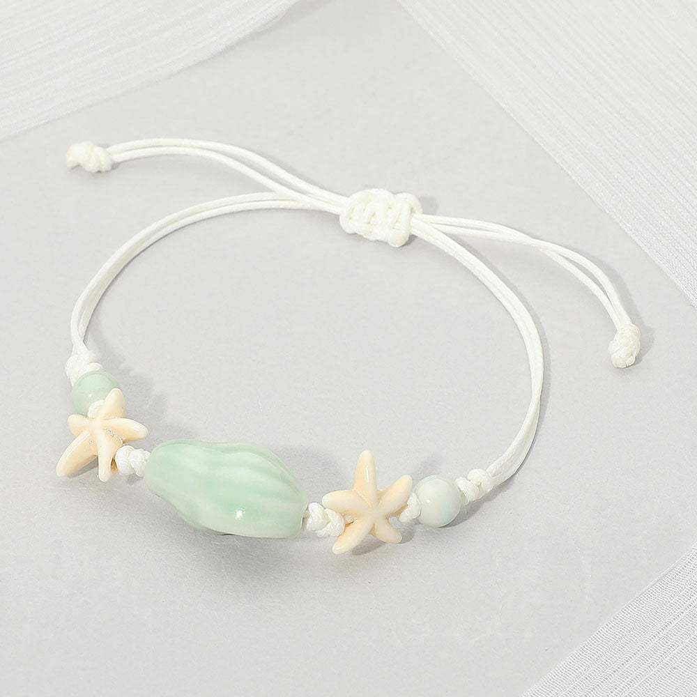 Ceramic Conch Shell Starfish Beaded Adjustable Cinch Pull Tie Bracelet - Madeline Love - Flyclothing LLC