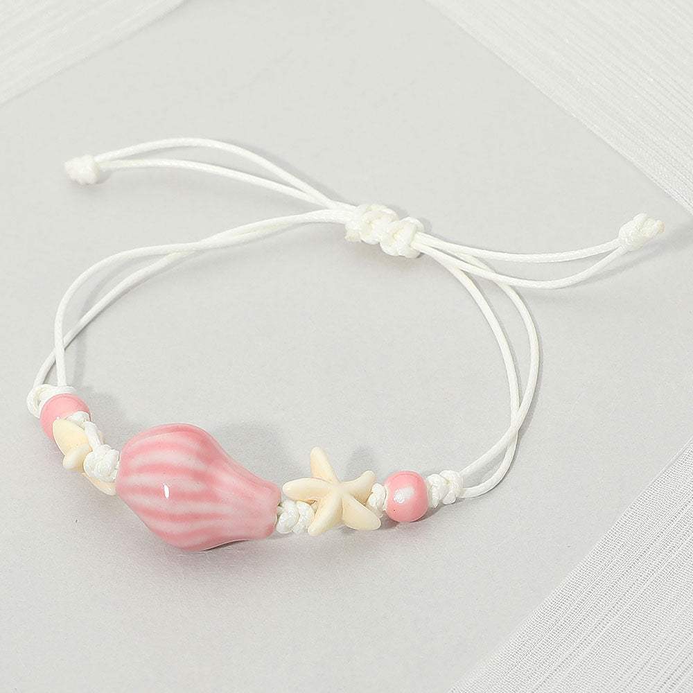 Ceramic Conch Shell Starfish Beaded Adjustable Cinch Pull Tie Bracelet - Madeline Love - Flyclothing LLC
