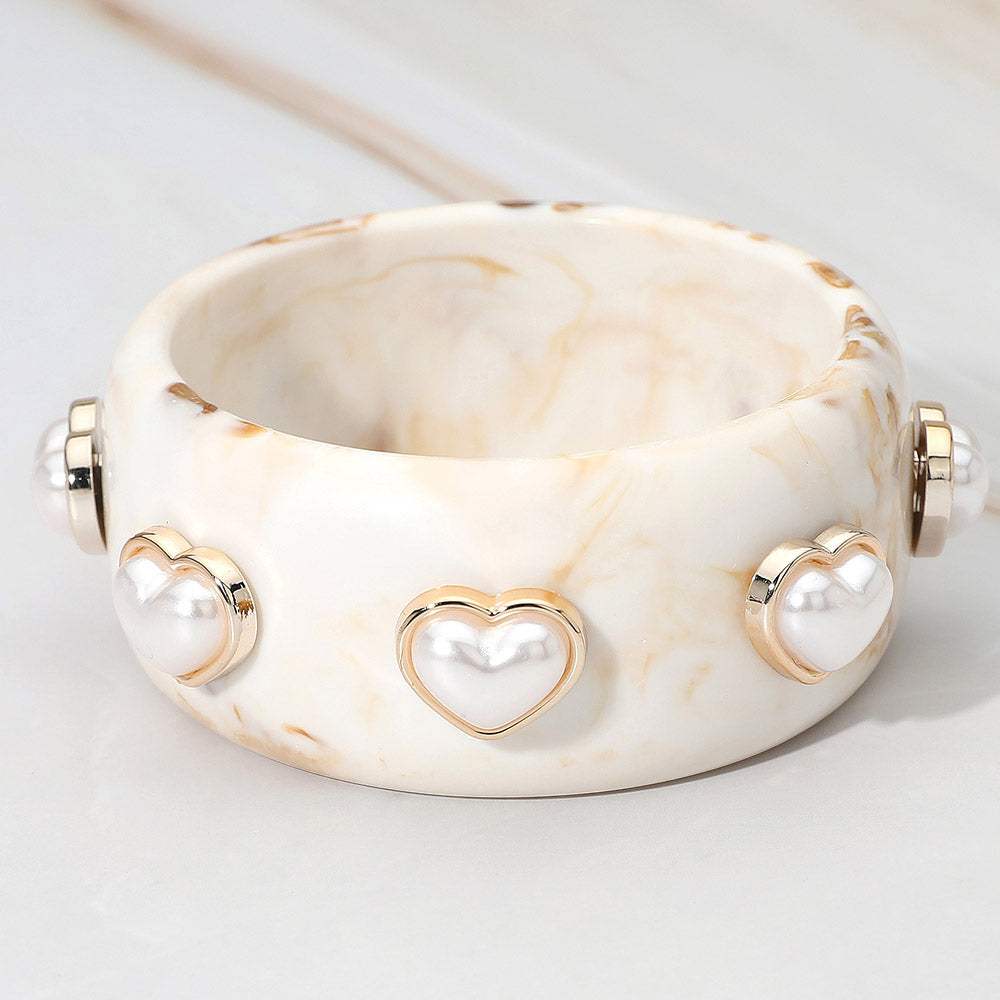 Pearl Heart Cluster Accent Wide Marbled Bangle Bracelet - Madeline Love - Flyclothing LLC