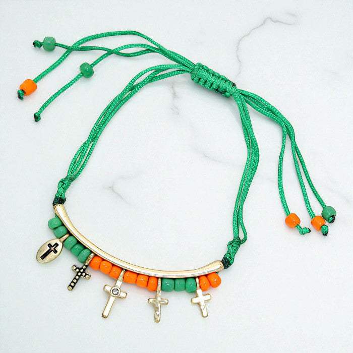 Stone Paved Cross Charm Beaded Thread Adjustable Cinch Pull Tie Bracelet - Madeline Love - Flyclothing LLC