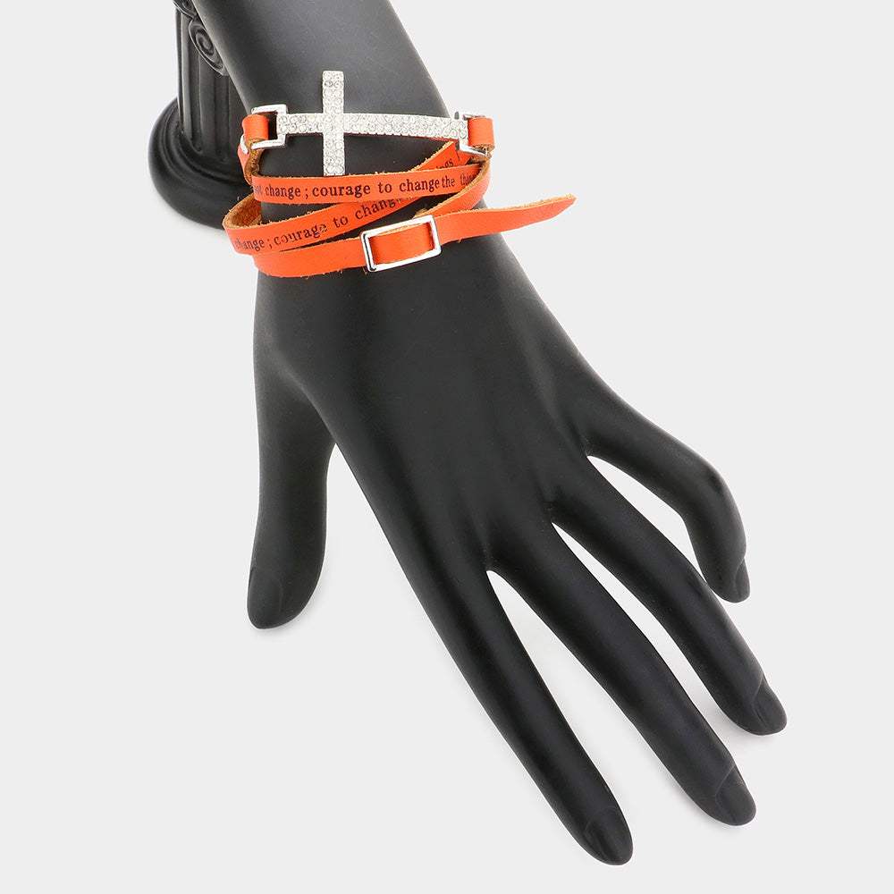 Cross Accented Message Faux Leather Band Wrap Bracelet - Madeline Love - Flyclothing LLC