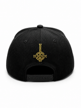 Ghost 
3D/Flat Embroidery
Metallic Gold Thread Black 6 Panel Flatbill Snapback Cap