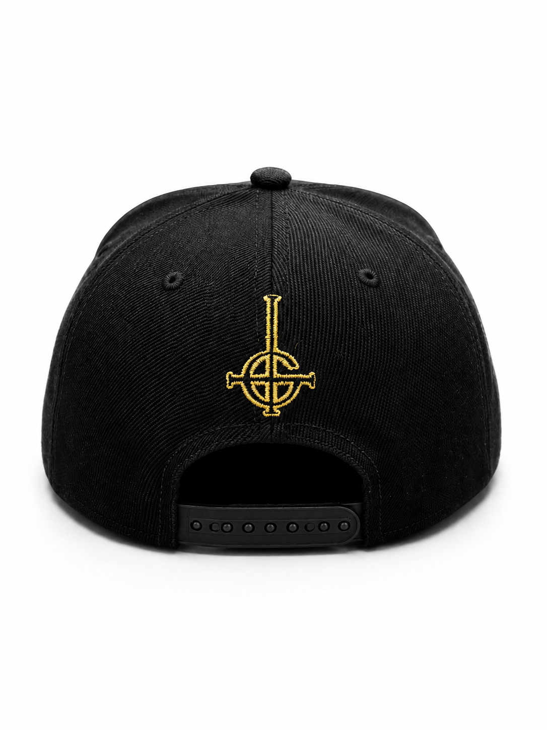 Ghost 
3D/Flat Embroidery
Metallic Gold Thread Black 6 Panel Flatbill Snapback Cap