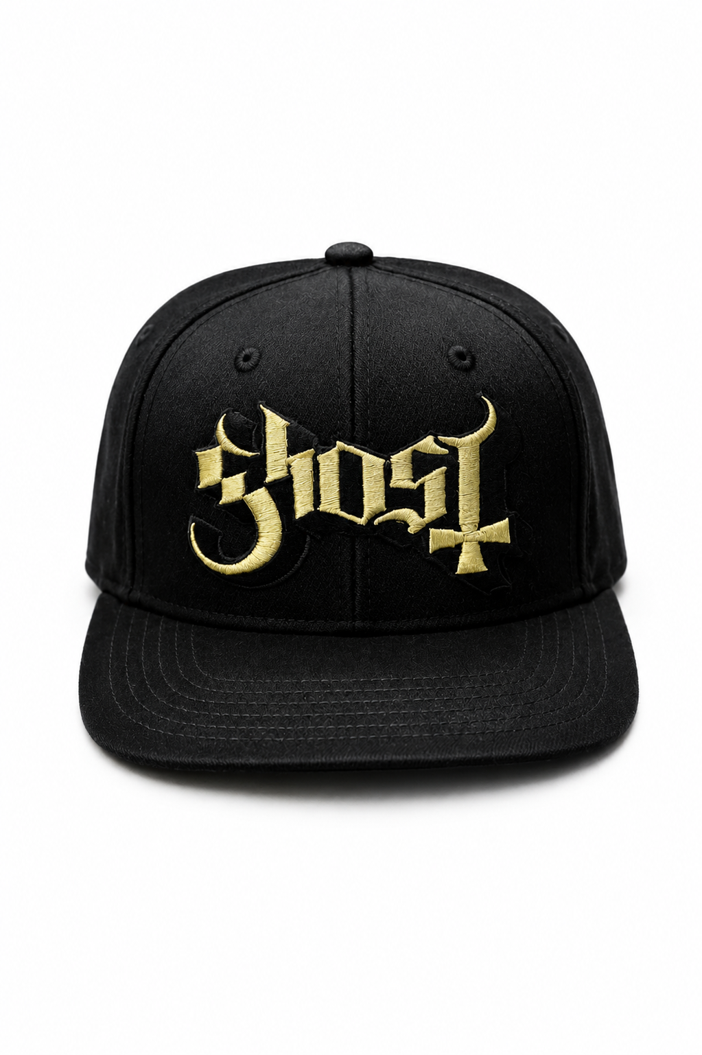 Ghost 
3D/Flat Embroidery
Metallic Gold Thread Black 6 Panel Flatbill Snapback Cap