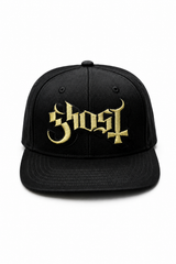 Ghost 
3D/Flat Embroidery
Metallic Gold Thread Black 6 Panel Flatbill Snapback Cap