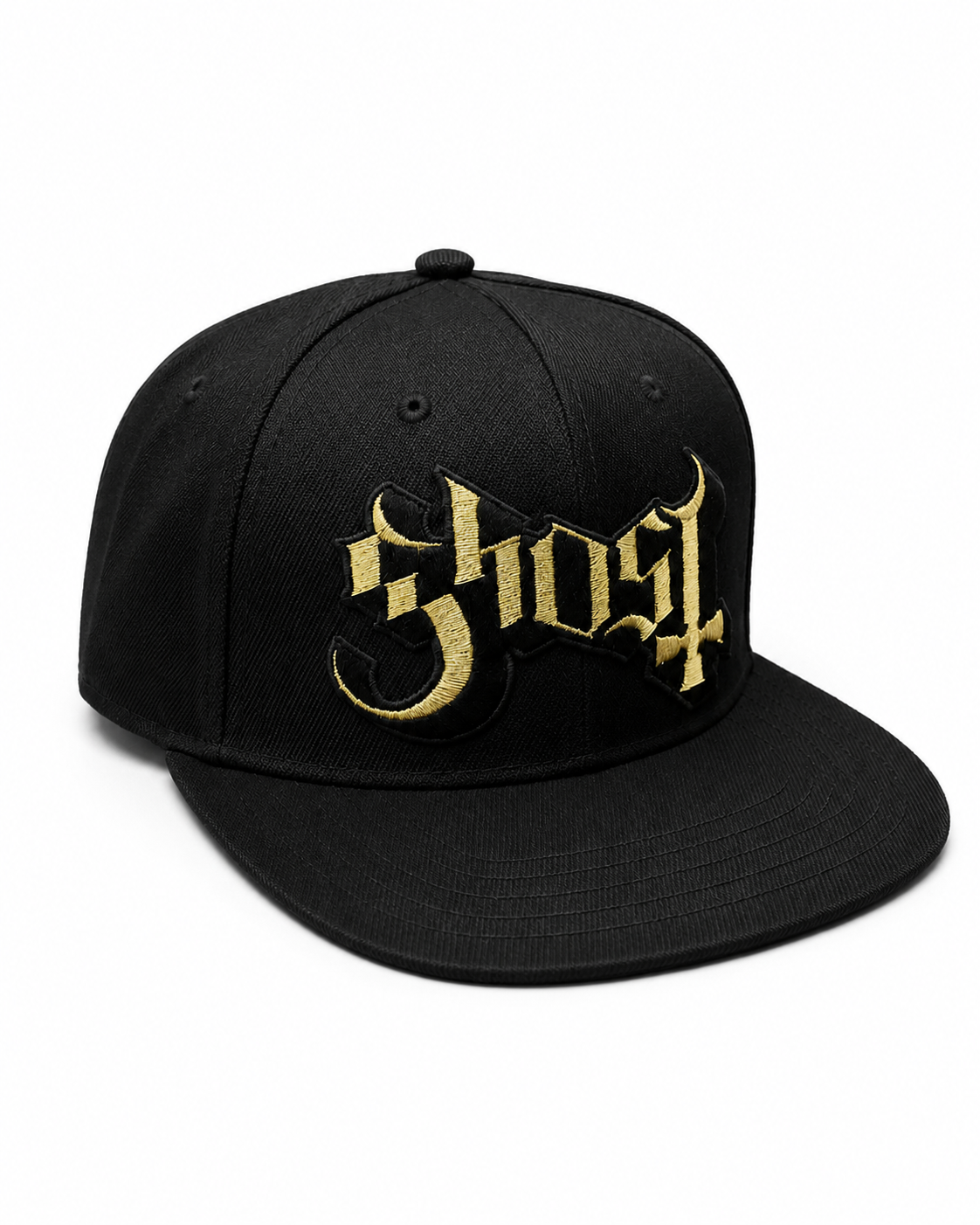 Ghost 
3D/Flat Embroidery
Metallic Gold Thread Black 6 Panel Flatbill Snapback Cap