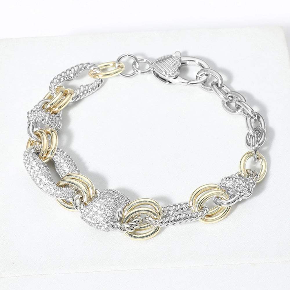 14K Gold Plated Two Tone CZ Stone Paved Ring Link Bracelet - Madeline Love - Flyclothing LLC