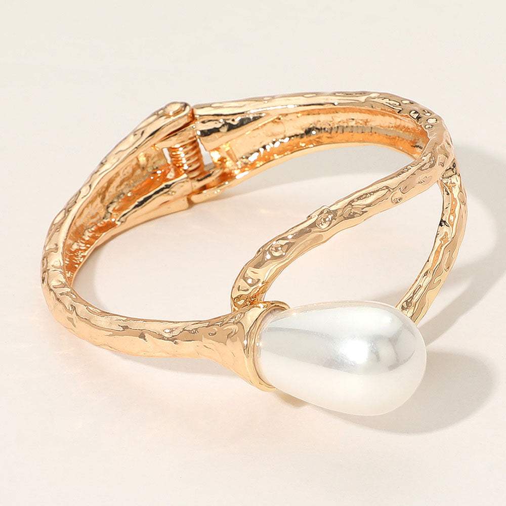 Pearl Accent Hammered Metal Hinged Bangle Bracelet - Madeline Love - Flyclothing LLC