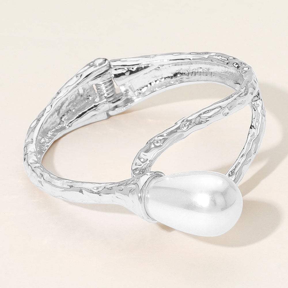 Pearl Accent Hammered Metal Hinged Bangle Bracelet - Madeline Love - Flyclothing LLC
