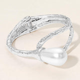 Pearl Accent Hammered Metal Hinged Bangle Bracelet - Madeline Love - Flyclothing LLC