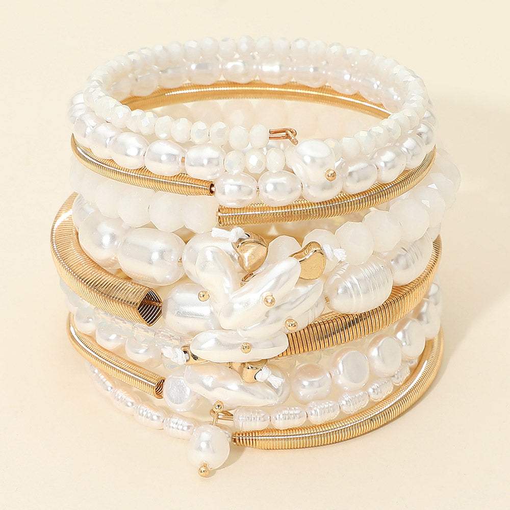 Wide Pearl Metal Beaded Adjustable Coil Bracelet - Madeline Love - Flyclothing LLC