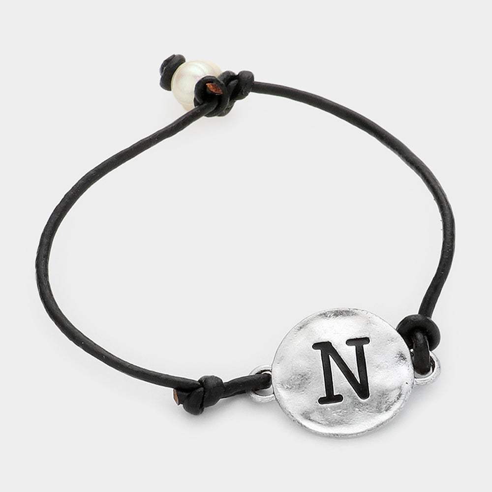 -N- Initial Monogram Metal Disc Pearl Pointed Bracelet - Madeline Love - Flyclothing LLC