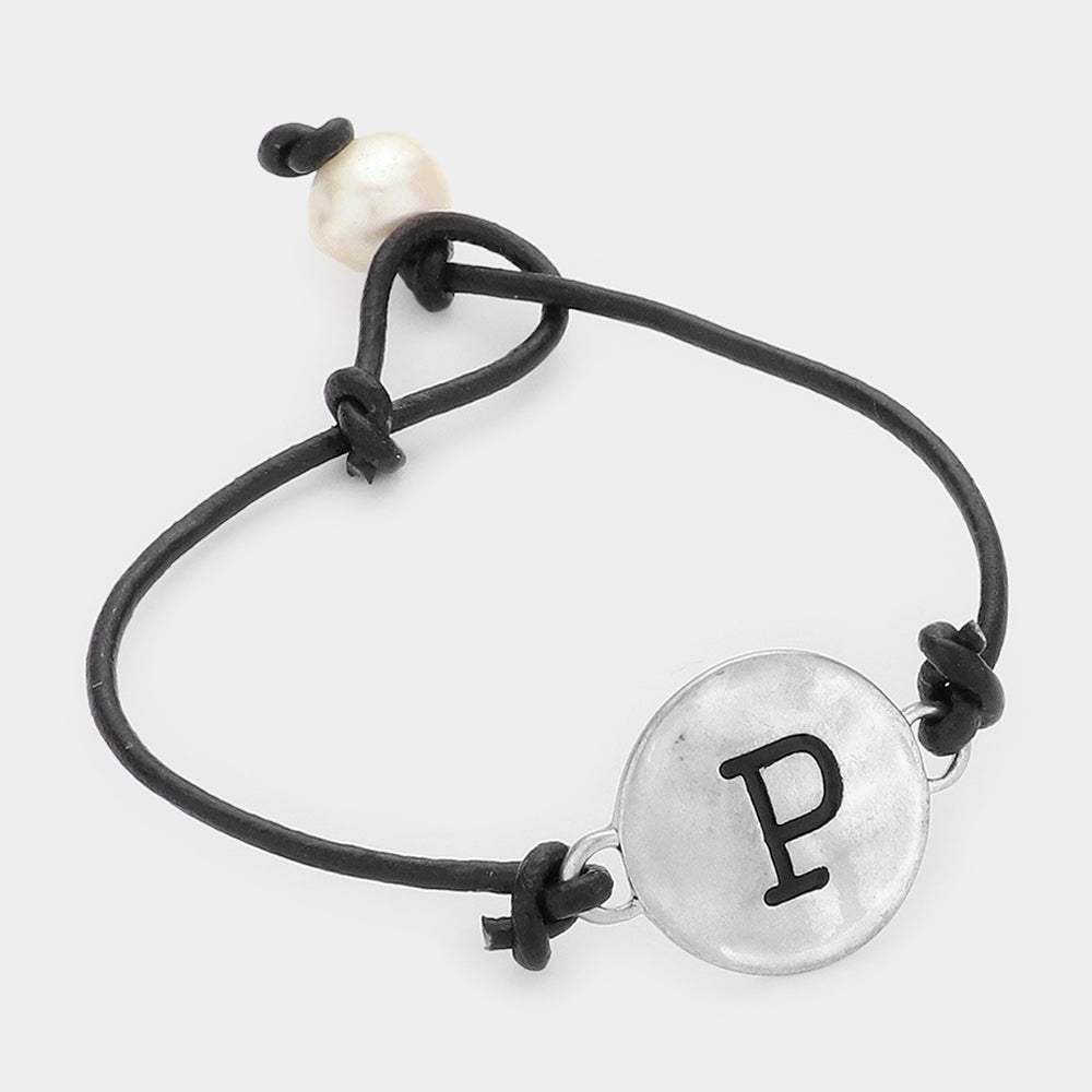 -P- Initial Monogram Metal Disc Pearl Pointed Bracelet - Madeline Love - Flyclothing LLC