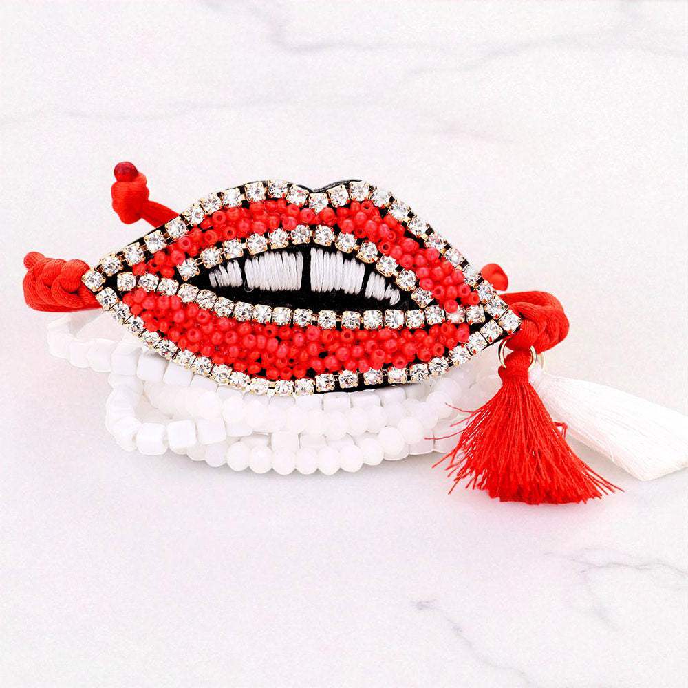 2PCS - Pave Trim Beaded Lips Tassel Adjustable Bracelet - Madeline Love - Flyclothing LLC