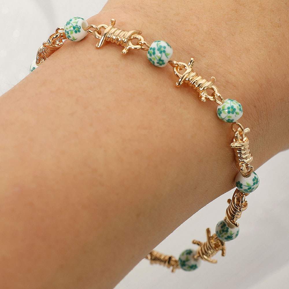 Floral Ceramic Ball Metal Rope Wrap Link Bracelet - Madeline Love - Flyclothing LLC