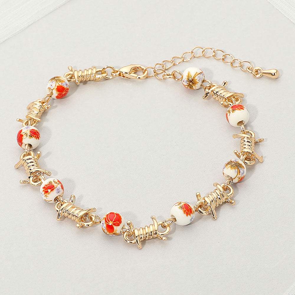 Floral Ceramic Ball Metal Rope Wrap Link Bracelet - Madeline Love - Flyclothing LLC