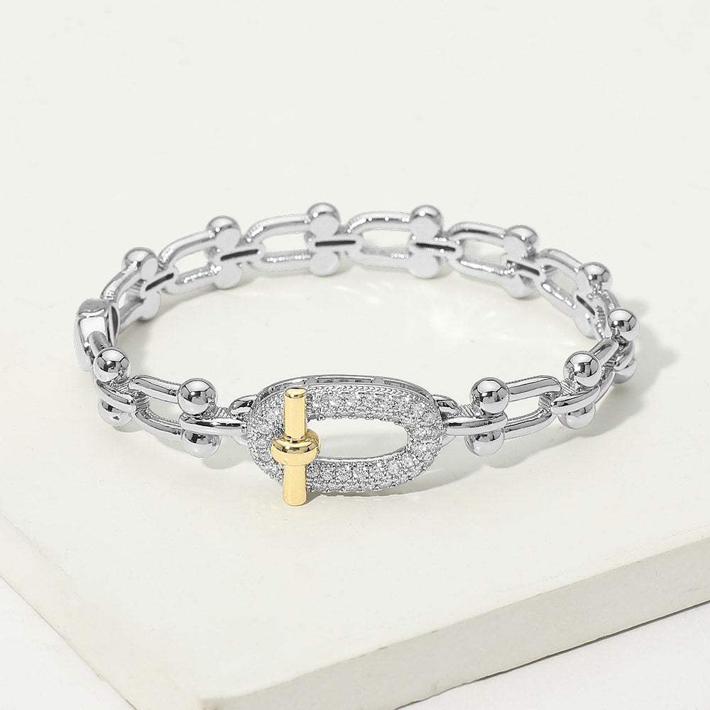 14K Gold Plated Two Tone CZ Pavel Oval Accent Industrial Link Hinged Bangle Bracelet - Madeline Love - Flyclothing LLC