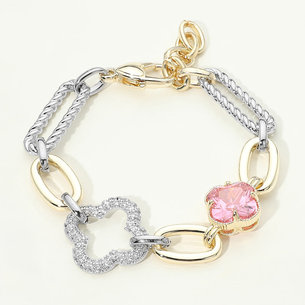 14K Gold Plated CZ Stone Double Clover Accent Oval Link Chain Bracelet